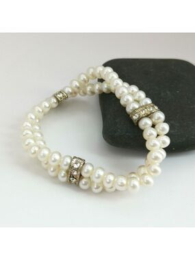 Vintage double Row Pearl Bracelet On Stretch With Crystals